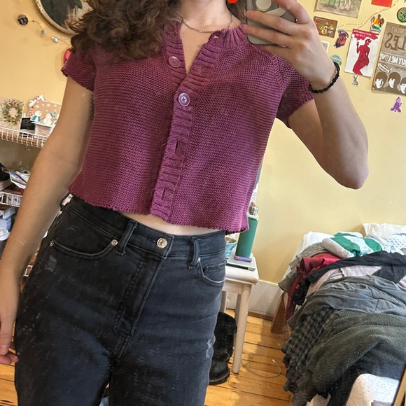 Loft Raspberry knit button up crop top - Picture 3 of 3